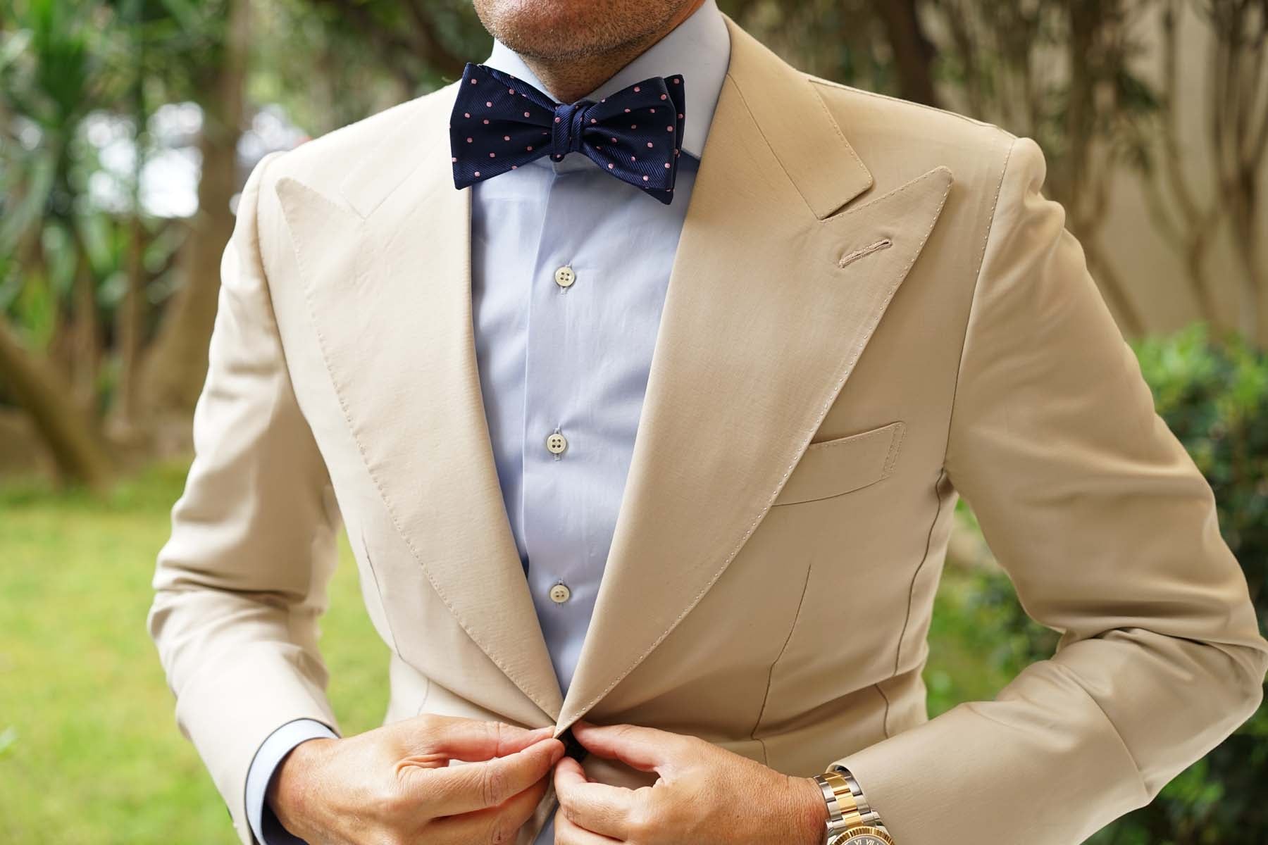 Navy Blue with Pink Polka Dots - Bow Tie (Untied)