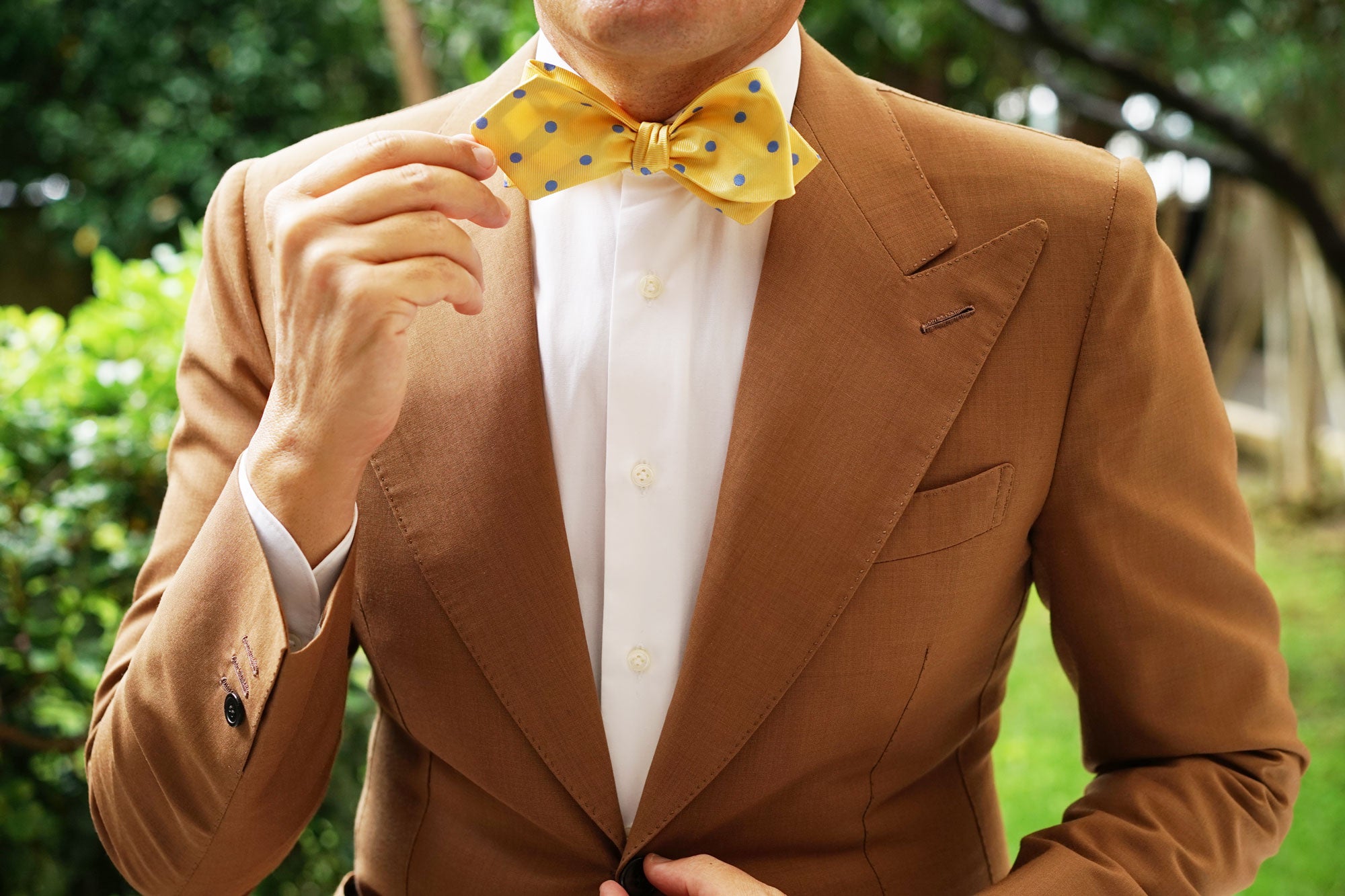 Yellow with Light Blue Polka Dots Self Tie Diamond Tip Bow Tie