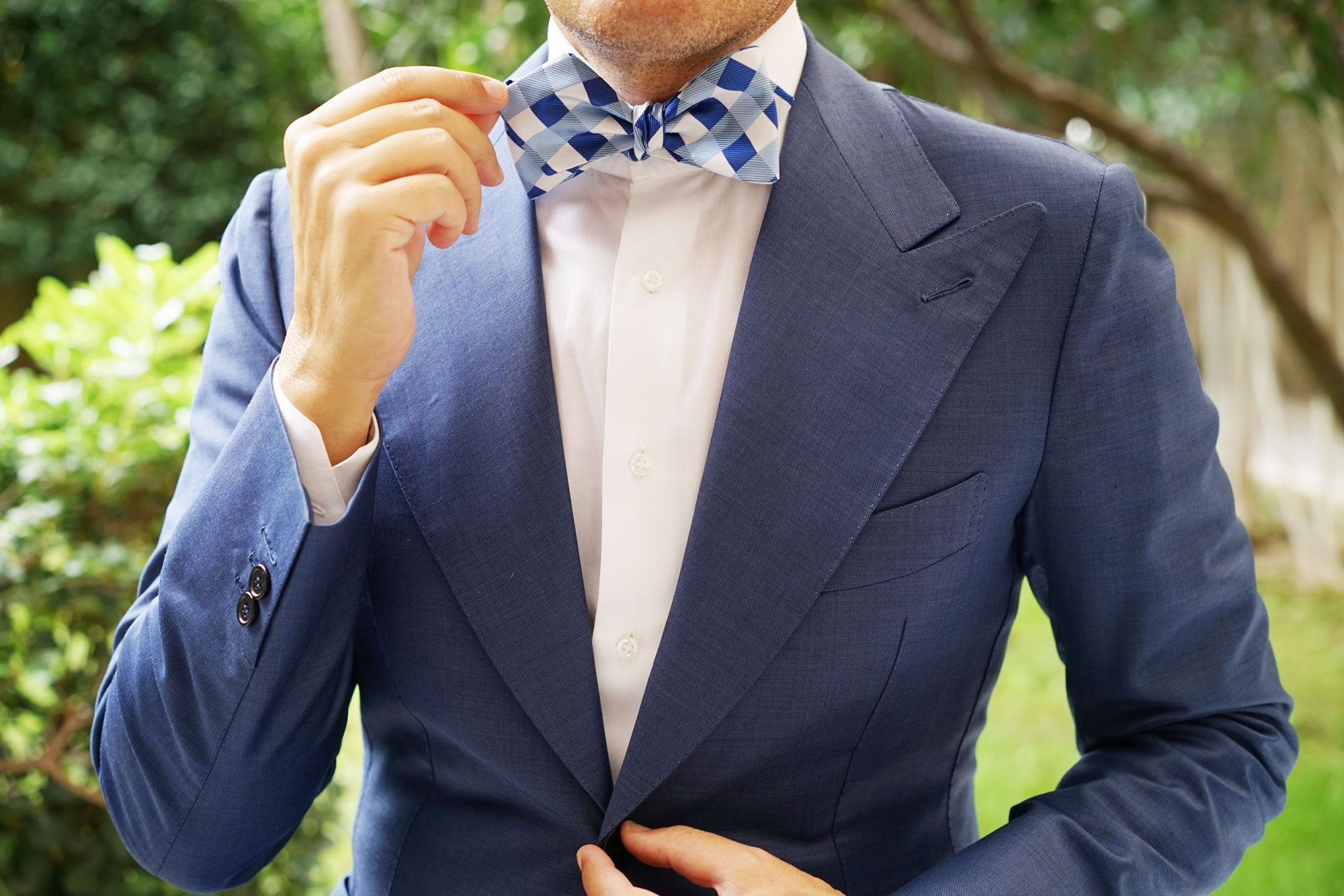 Sea and Light Blue White Checkered Self Tie Diamond Tip Bow Tie