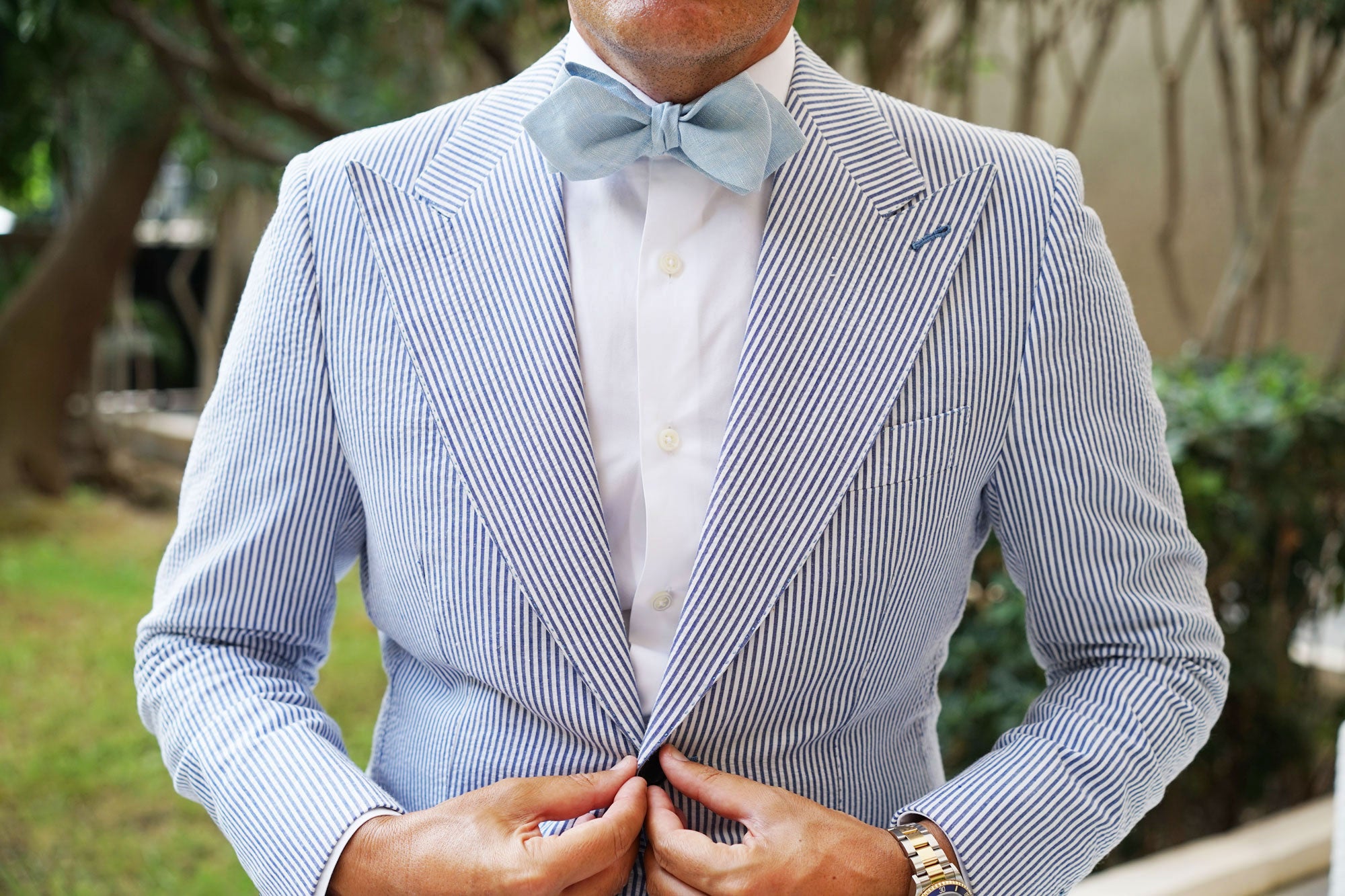 Light Blue Linen Chambray Self Tie Diamond Bow Tie