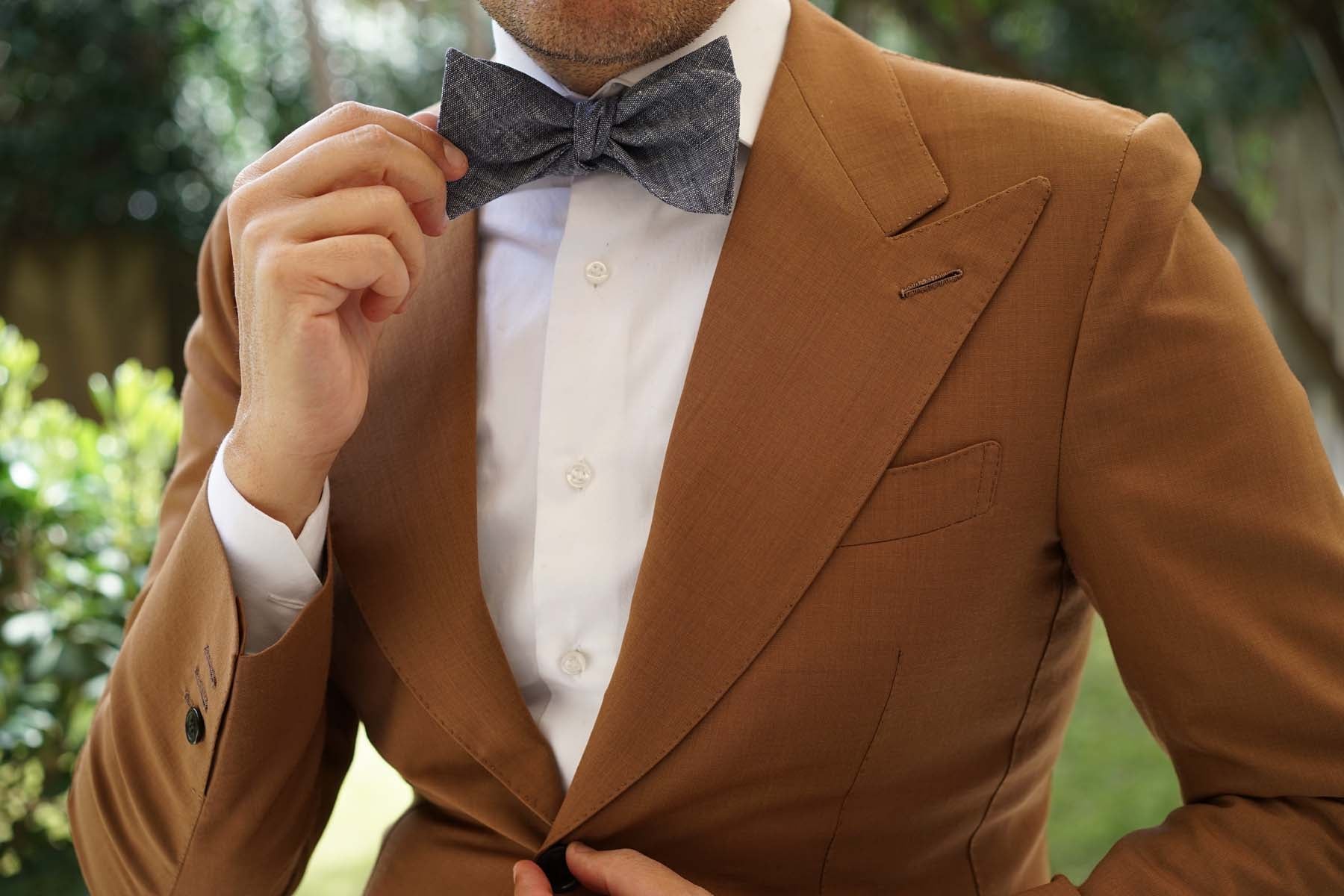 Navy Blue Linen Chambray Self Tie Bow Tie