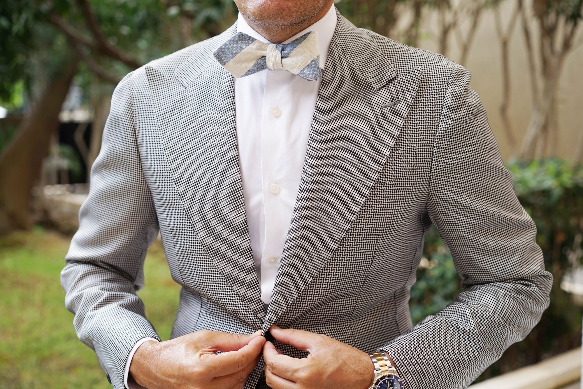 Kara Ada Light Blue Striped Linen Diamond Self Bow Tie