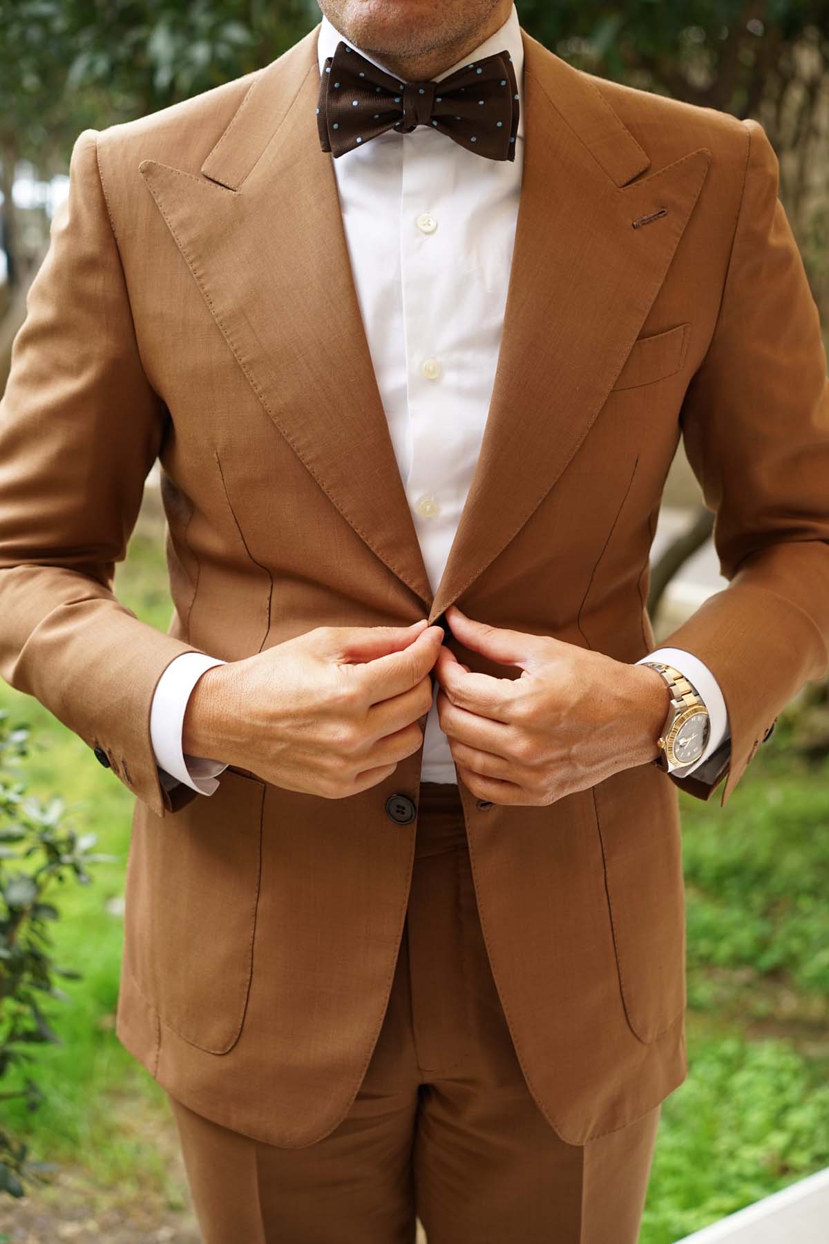 Brown on Blue Polkadot Self Bow Tie