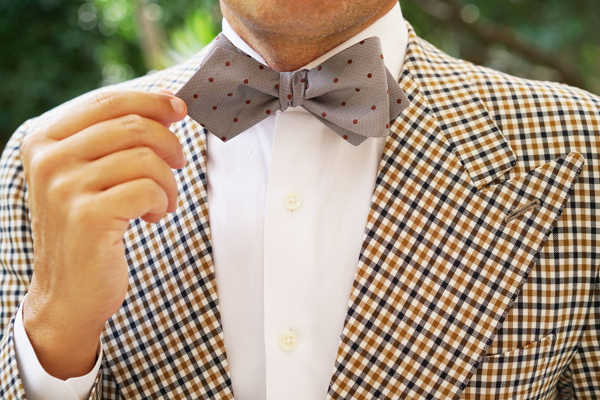 Grey with Brown Polka Dots Self Tie Diamond Tip Bow Tie