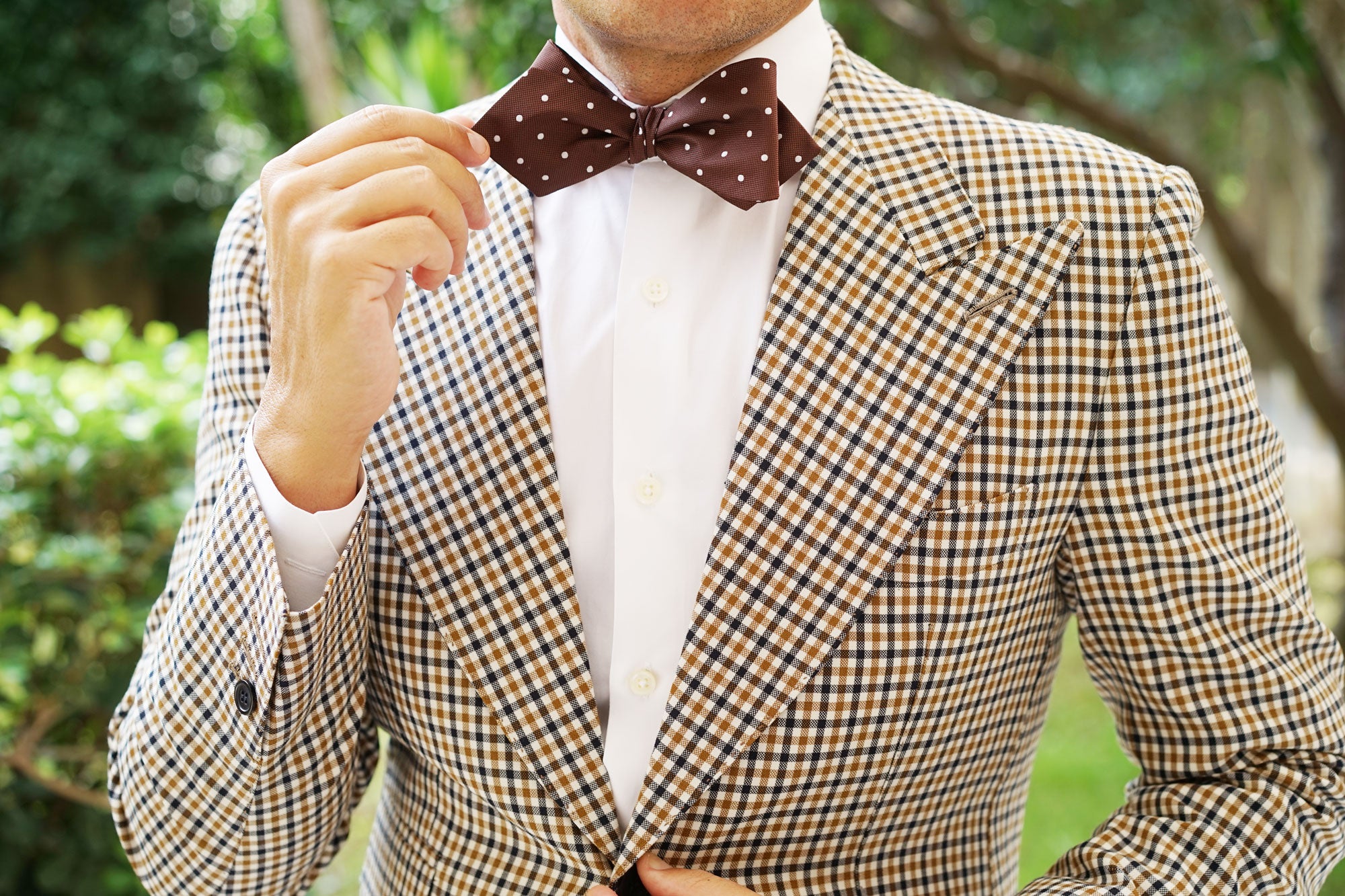 Brown with White Polka Dots Self Tie Diamond Tip Bow Tie