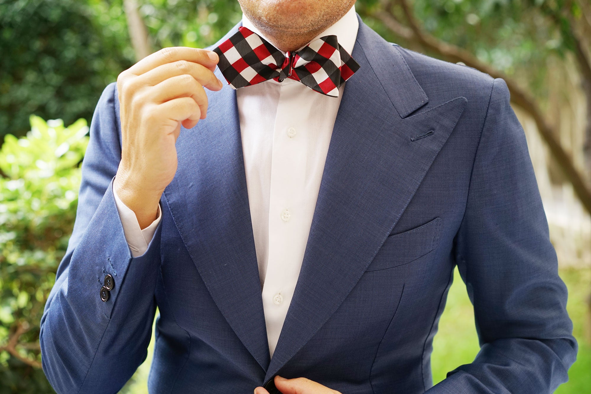 White Black Maroon Checkered Self Tie Diamond Tip Bow Tie