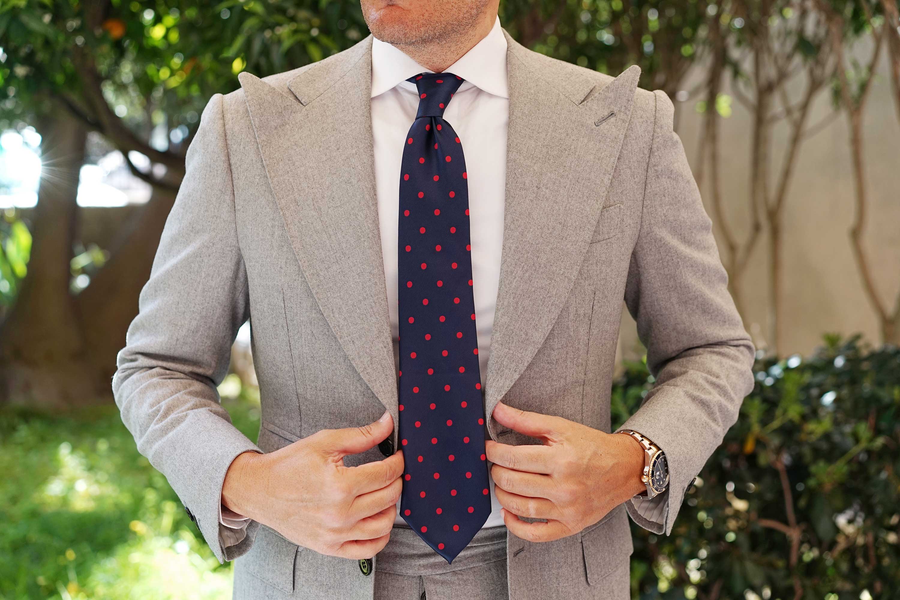 Navy Blue Tie with Red Polka Dots