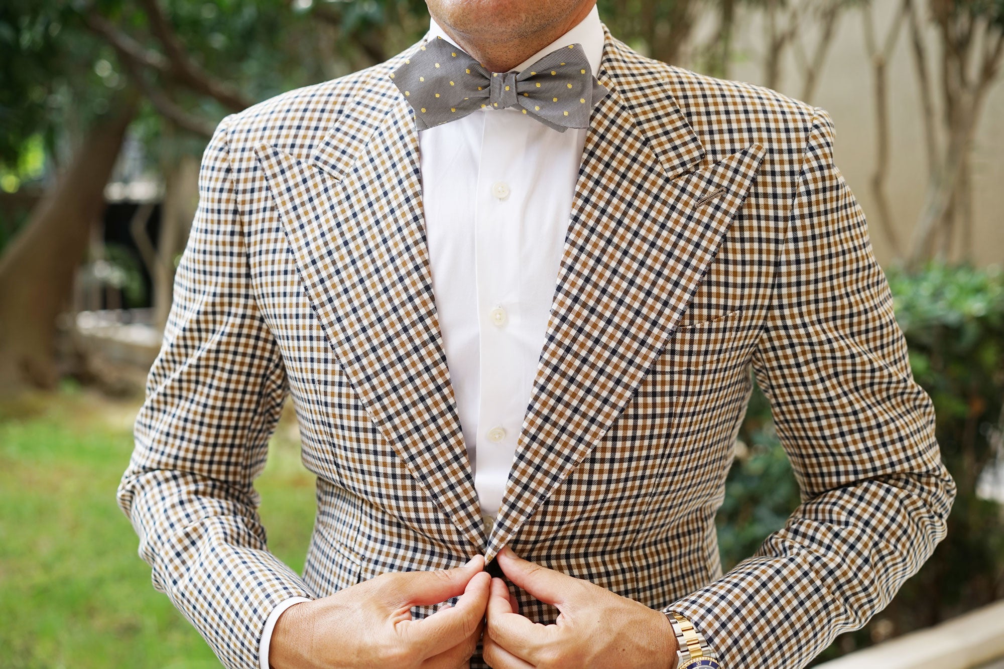 Grey with Yellow Polka Dots Self Tie Diamond Tip Bow Tie