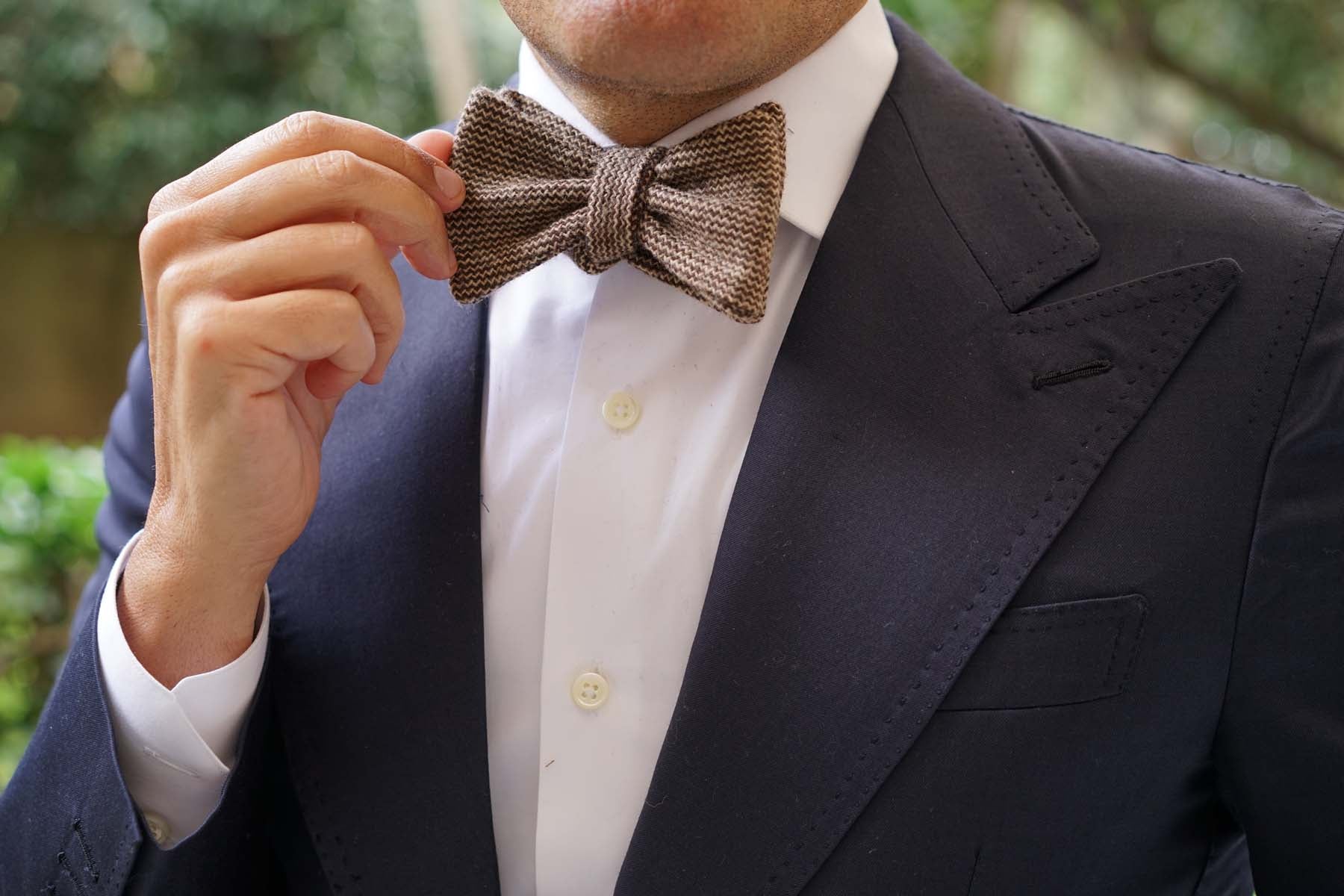 Espresso Brown Zigzag Wool Self Bow Tie