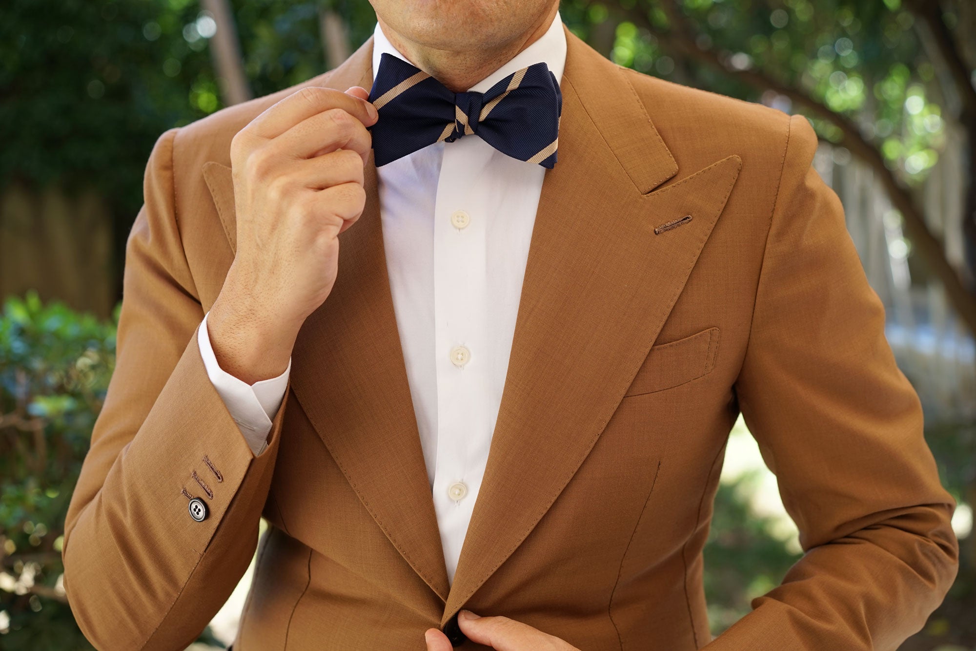 Navy Blue Champagne Gold Striped Self Bow Tie