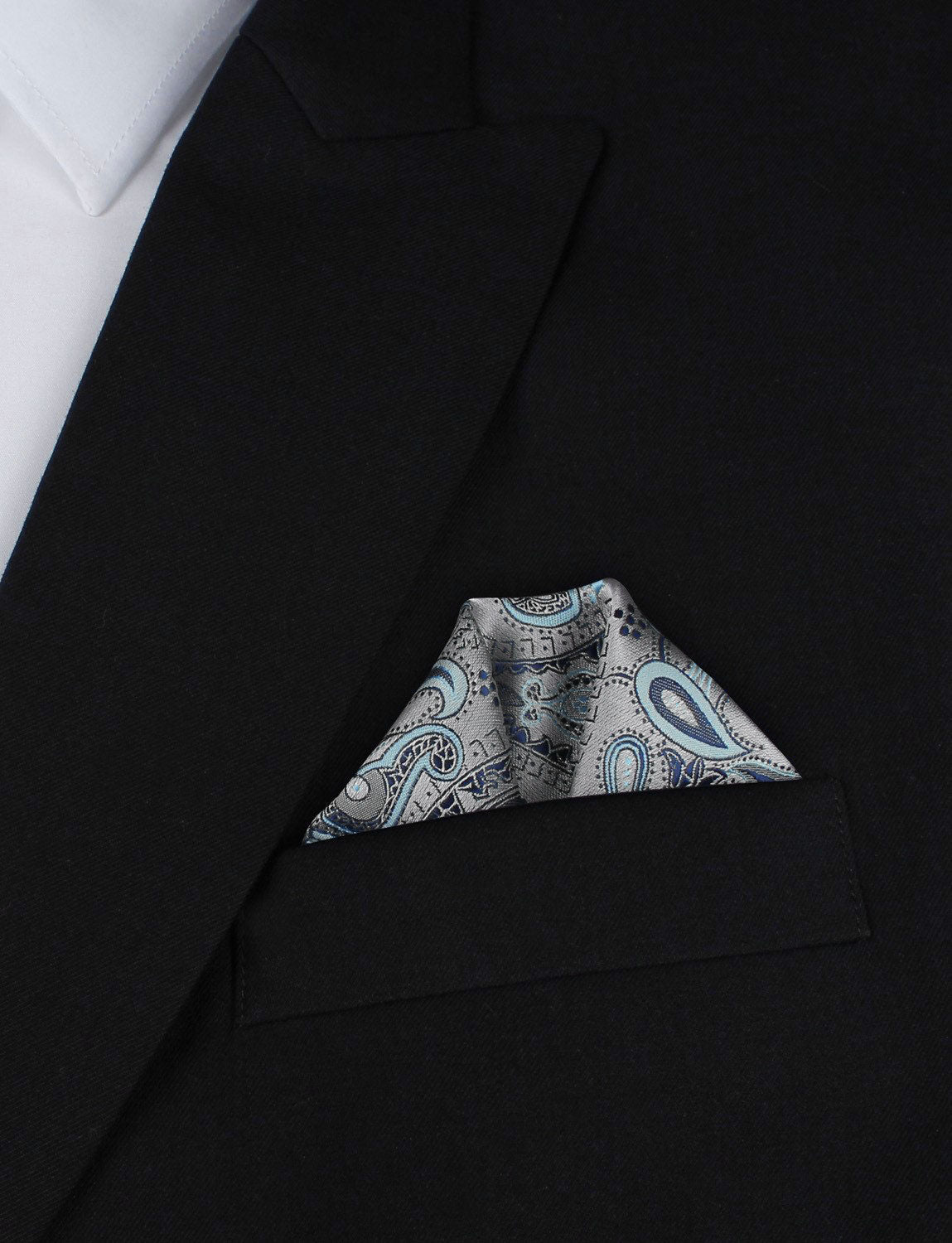 Paisley Silver Pocket Square with Light Blue