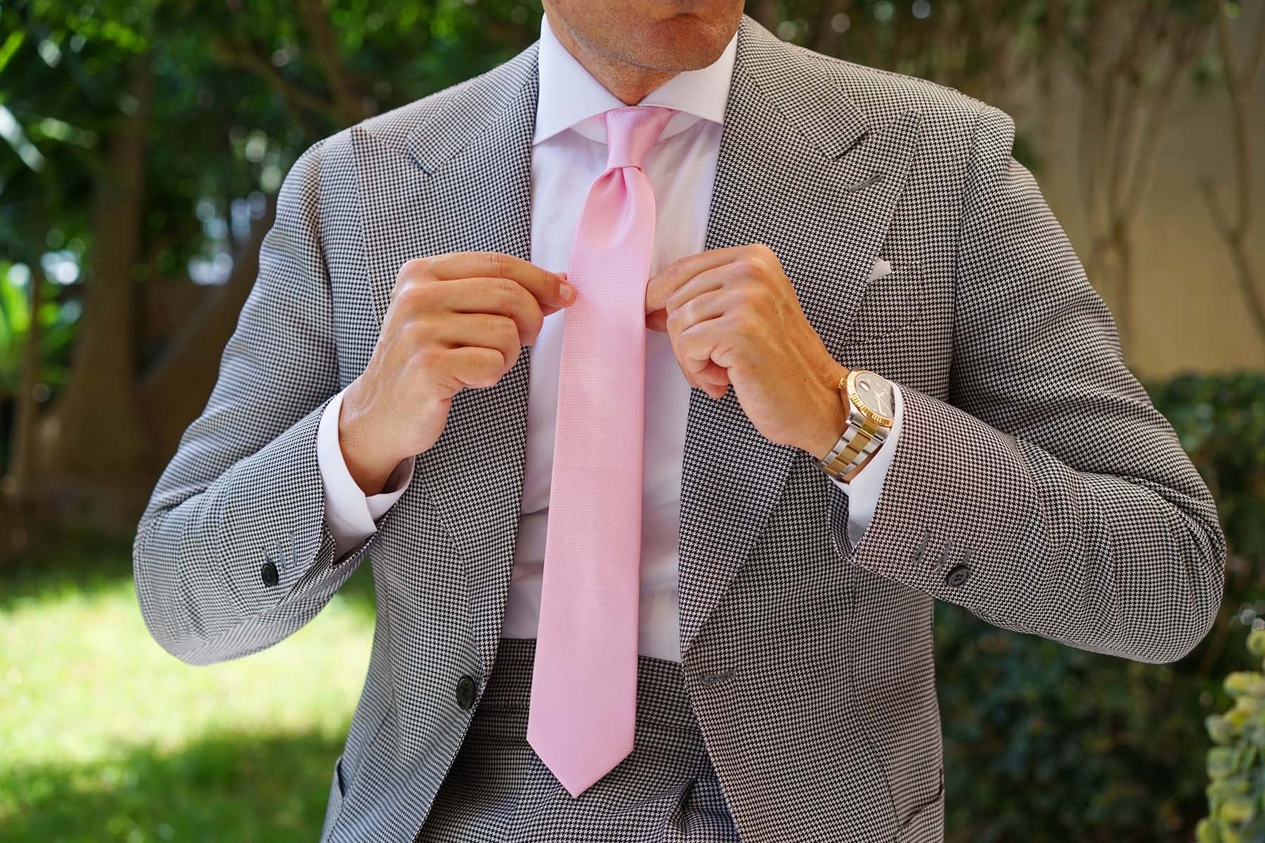 Peony Pink Basket Weave Skinny Tie