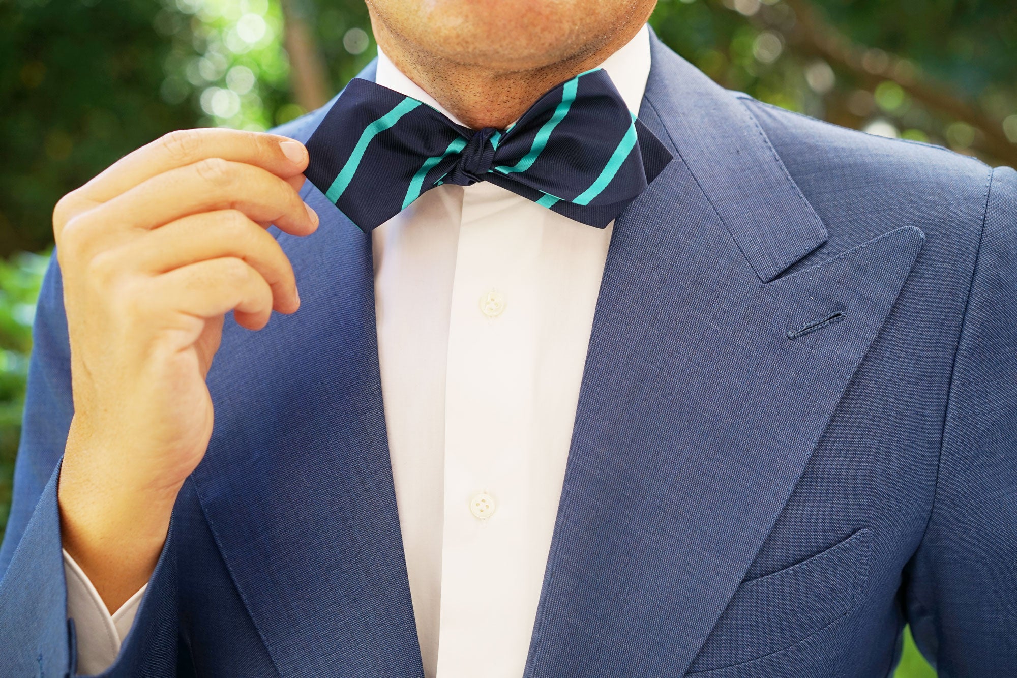 Navy Blue with Striped Light Blue Self Tie Diamond Tip Bow Tie