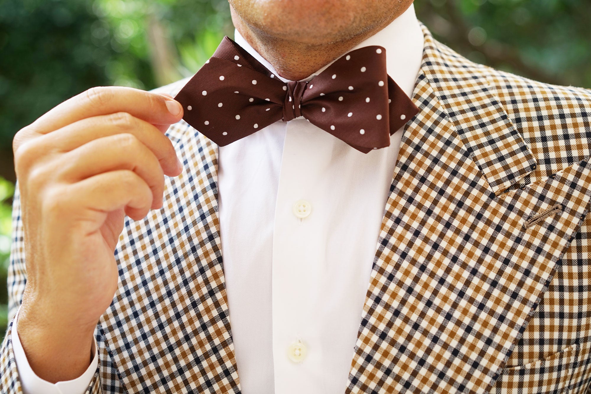 Brown with White Polka Dots Self Tie Diamond Tip Bow Tie