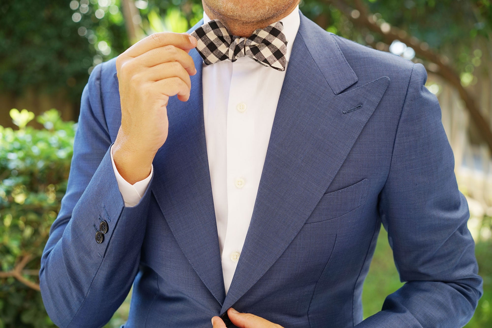 Khaki & Black Gingham Linen Diamond Self Bow Tie