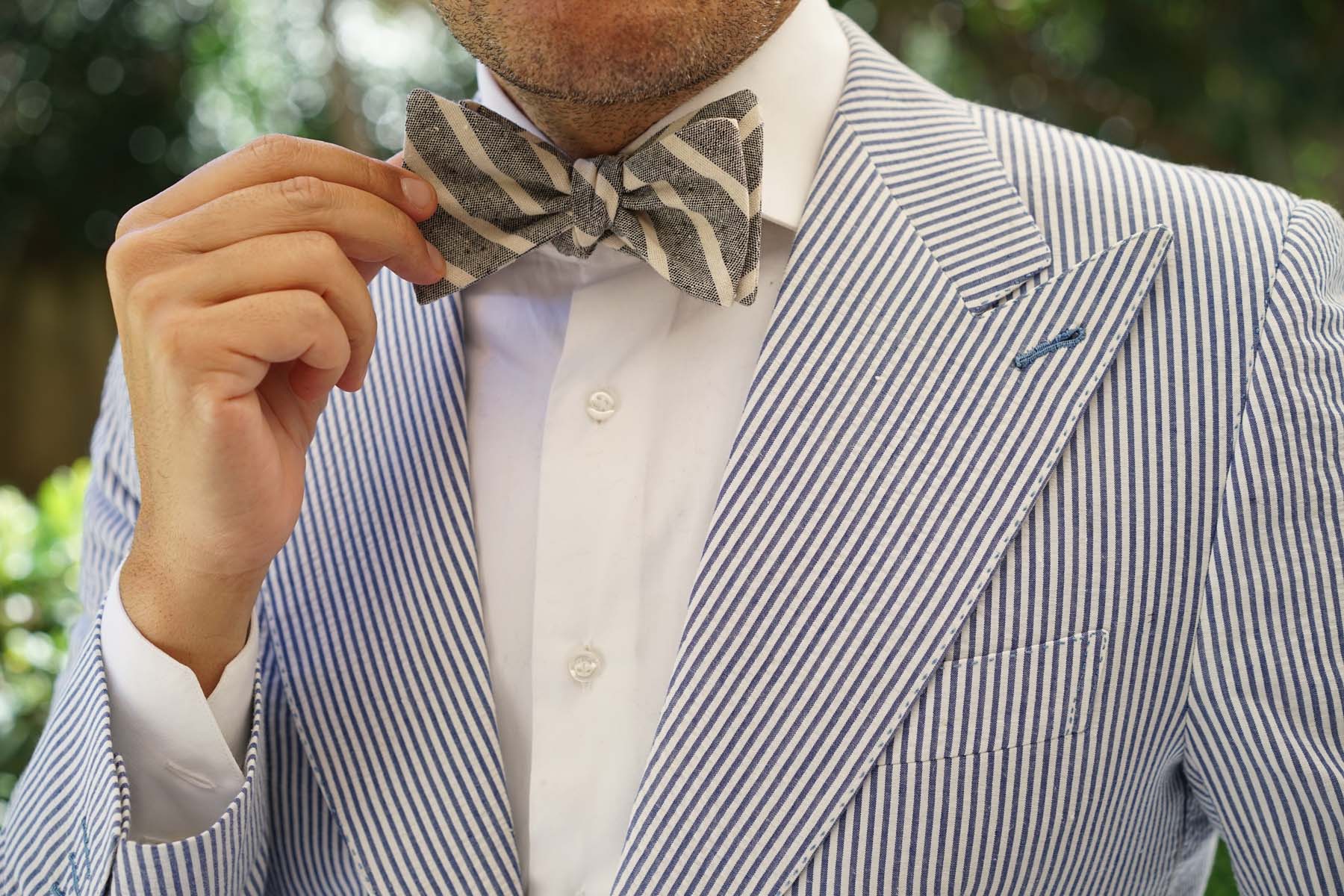 Adana Black Chalk Stripe Linen Self Bow Tie