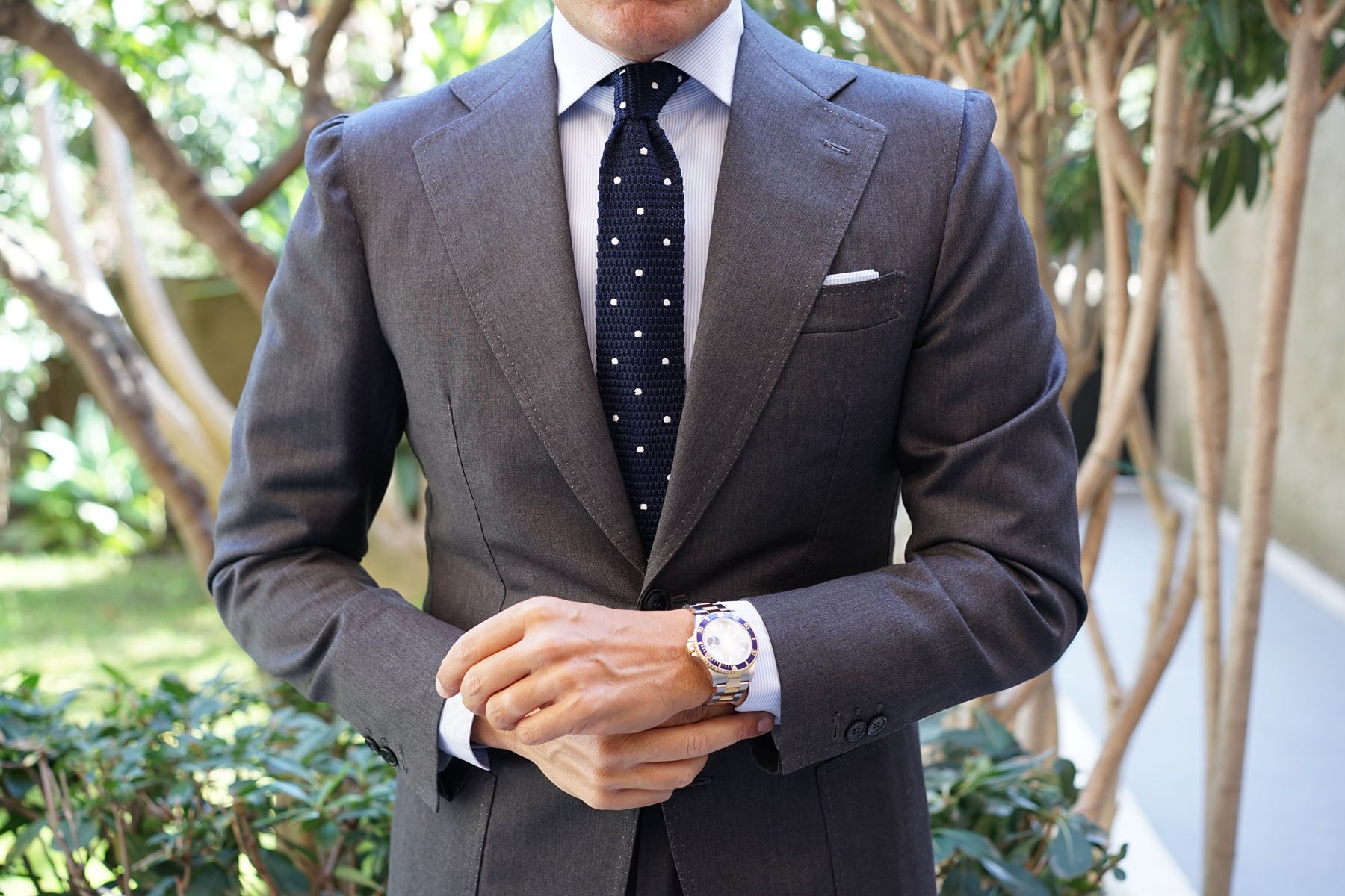 Navy Blue Knitted Tie with White Polka Dots