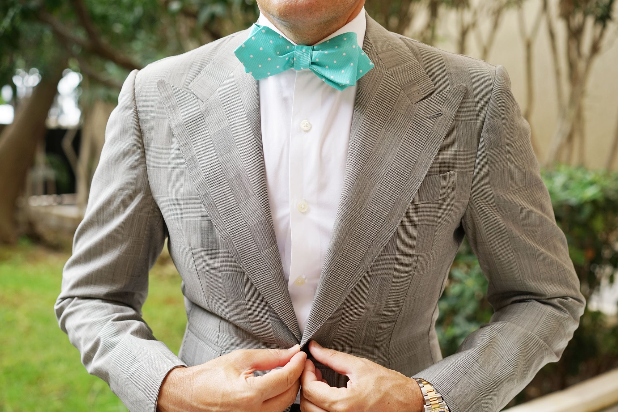 Seafoam Green with White Polka Dots Self Tie Diamond Tip Bow Tie