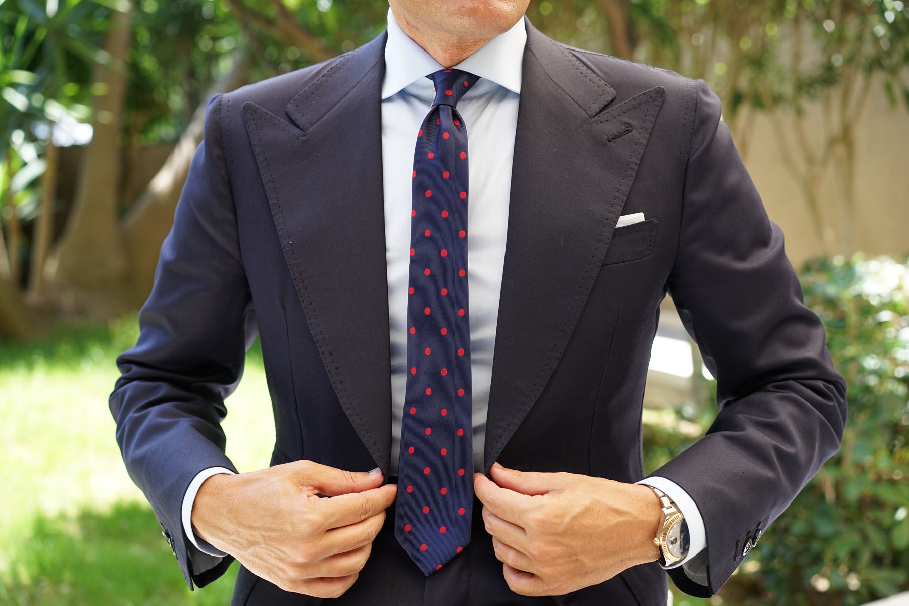 Navy Blue Skinny Tie with Red Polka Dots