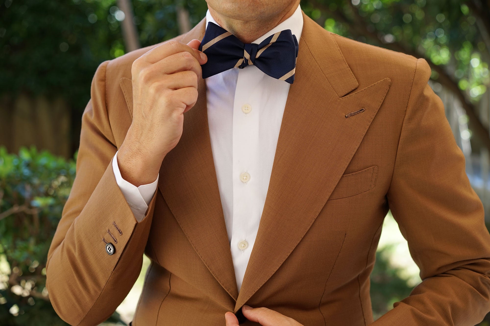 Navy Blue Champagne Gold Striped Self Bow Tie