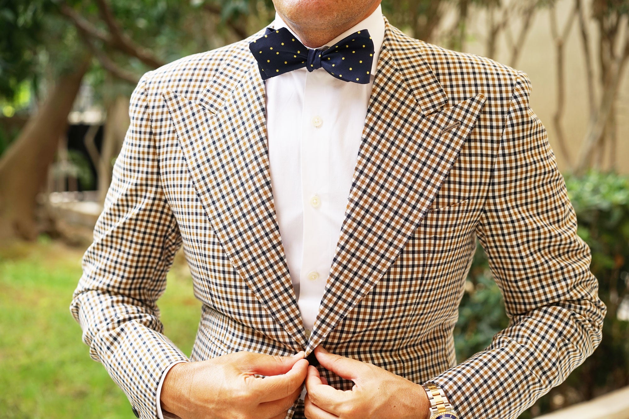 Navy Blue with Yellow Polka Dots Self Tie Diamond Tip Bow Tie