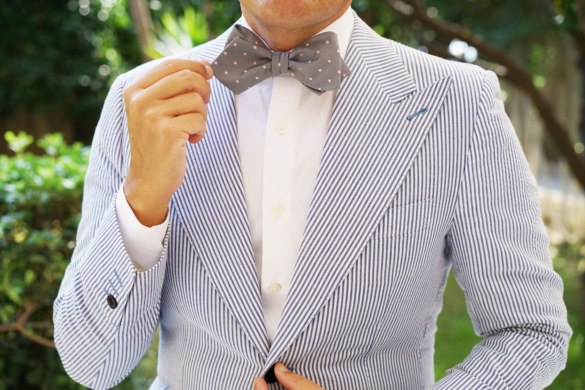 Grey with Baby Pink Polka Dots Self Tie Diamond Tip Bow Tie