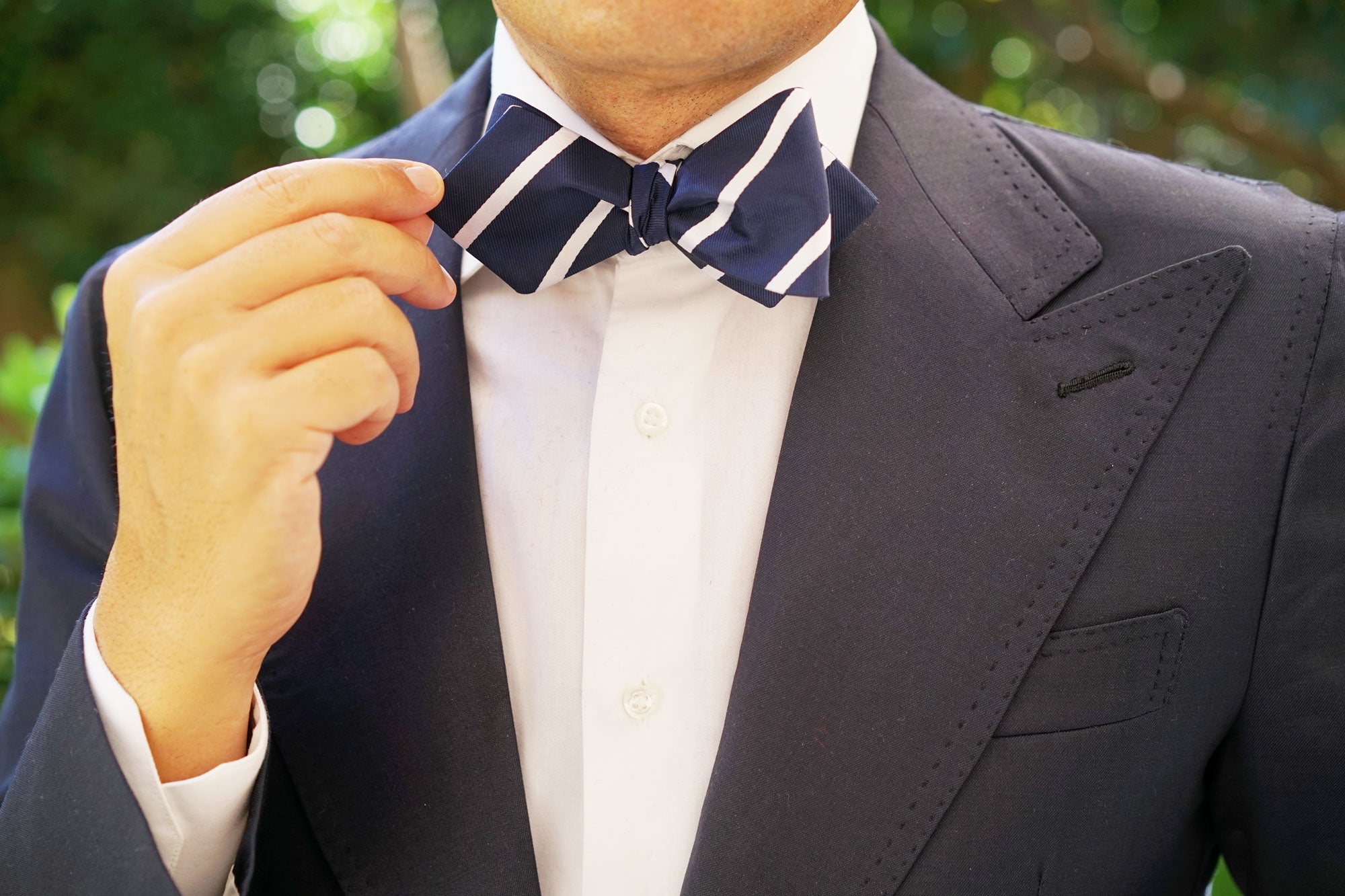 Navy Blue Pencil Stripe Diamond Self Bow Tie