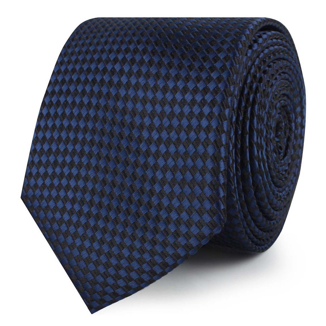 Navy Blue Basket Weave Checkered Skinny Tie