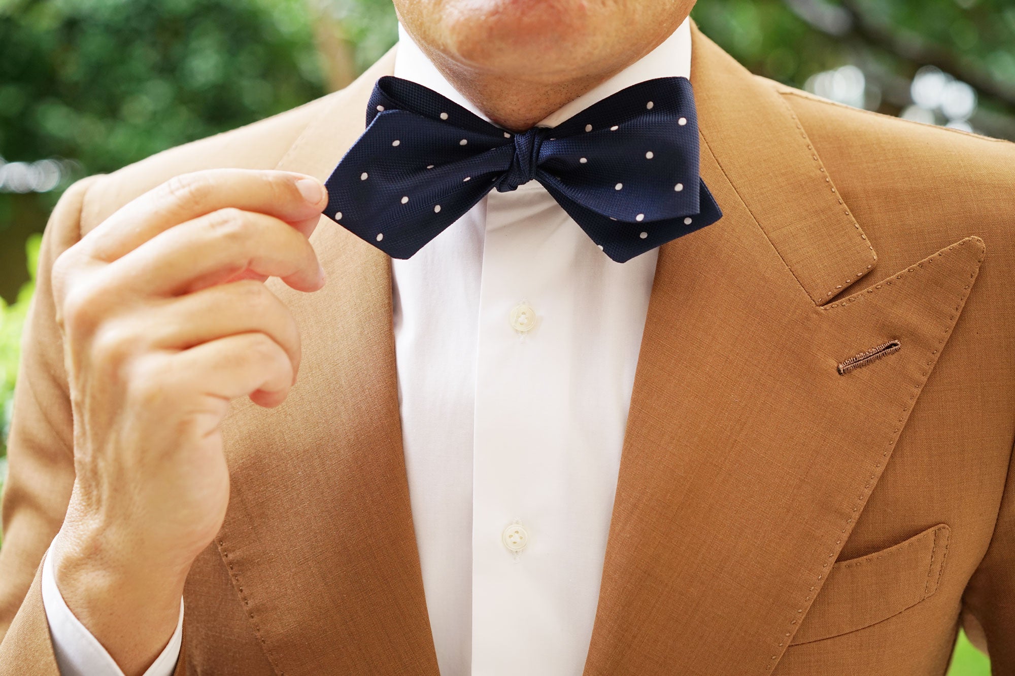 Navy Blue with White Polkadots Textured Self Tie Diamond Tip Bow Tie