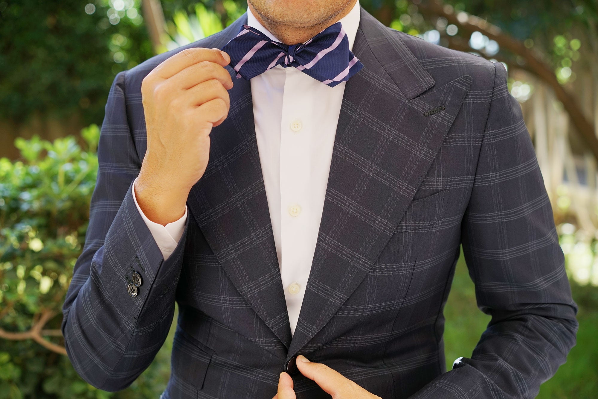 Navy Blue with Lavender Purple Stripes Self Tie Diamond Tip Bow Tie