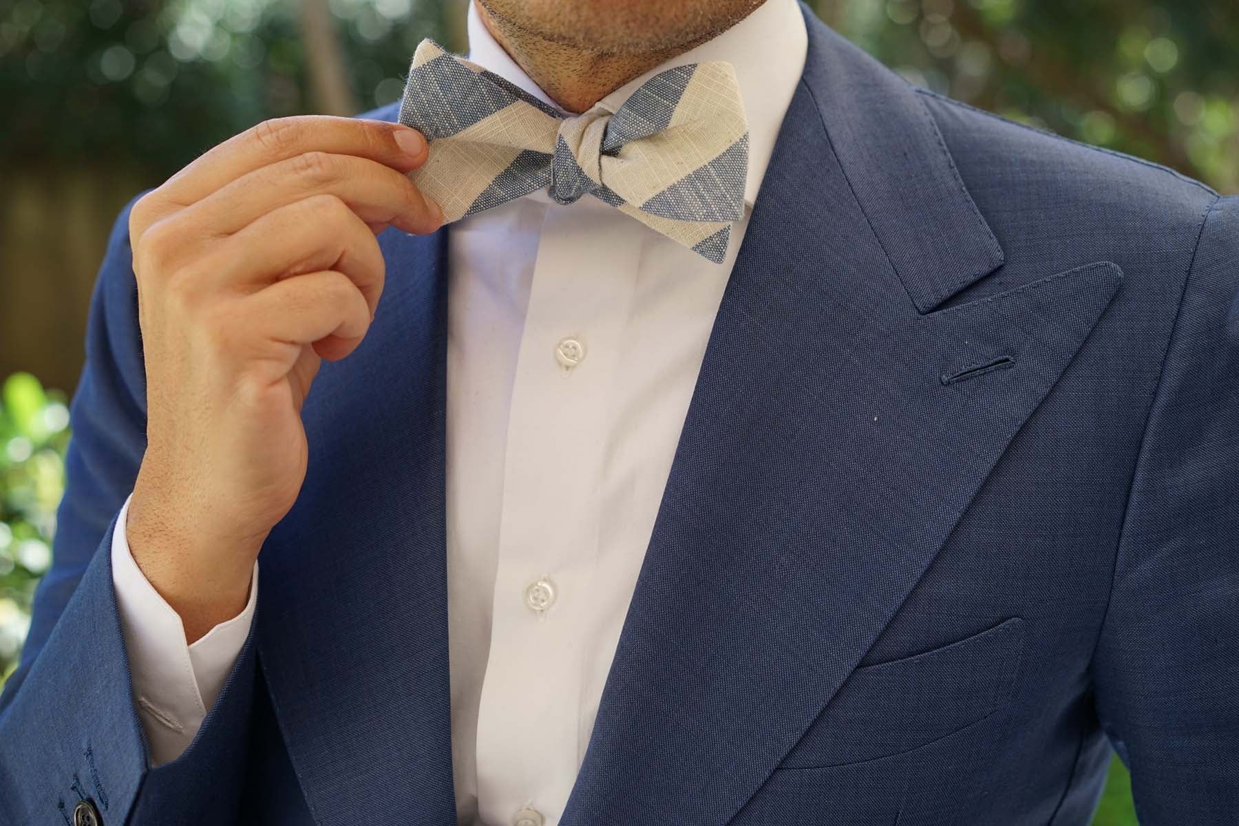 Kara Ada Light Blue Striped Linen Self Bow Tie