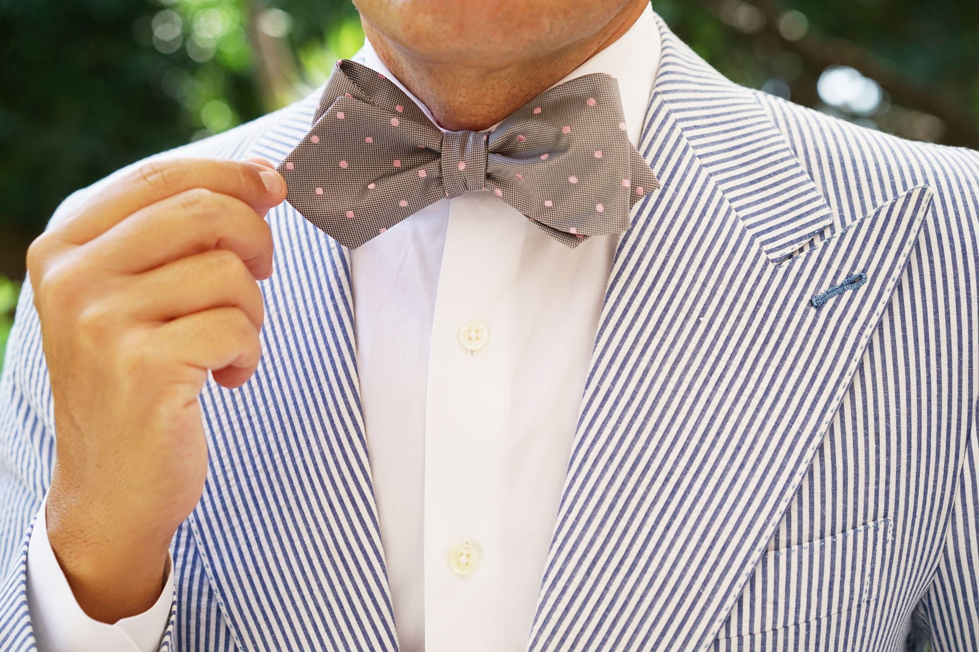 Grey with Baby Pink Polka Dots Self Tie Diamond Tip Bow Tie