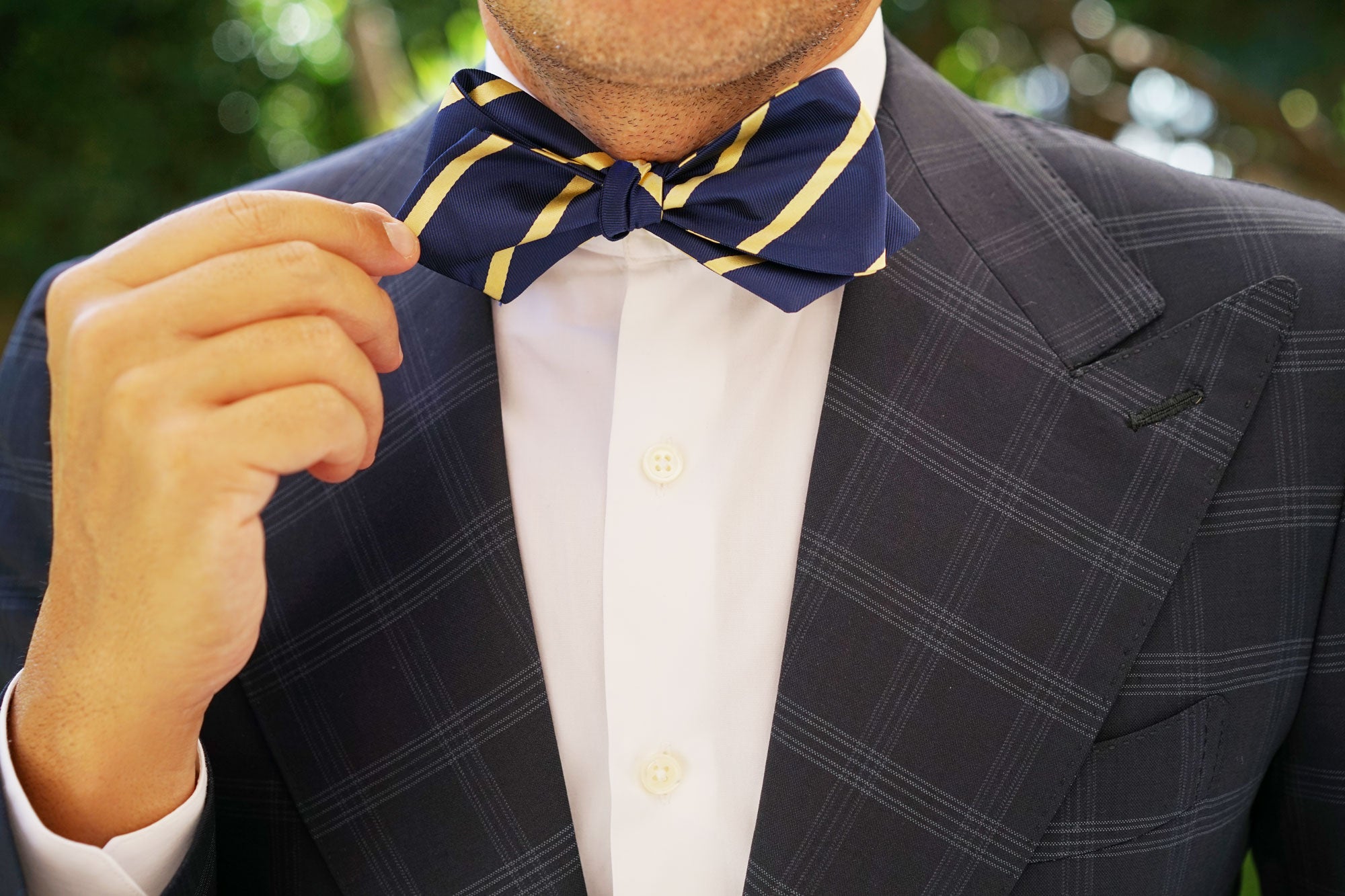 Navy Blue with Yellow Stripes Self Tie Diamond Tip Bow Tie