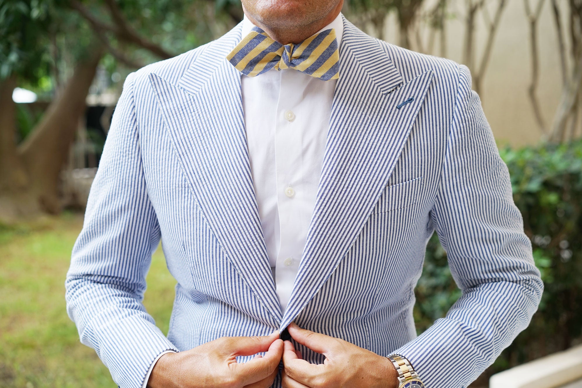 Yellow & Blue Bengal Linen Diamond Self Bow Tie