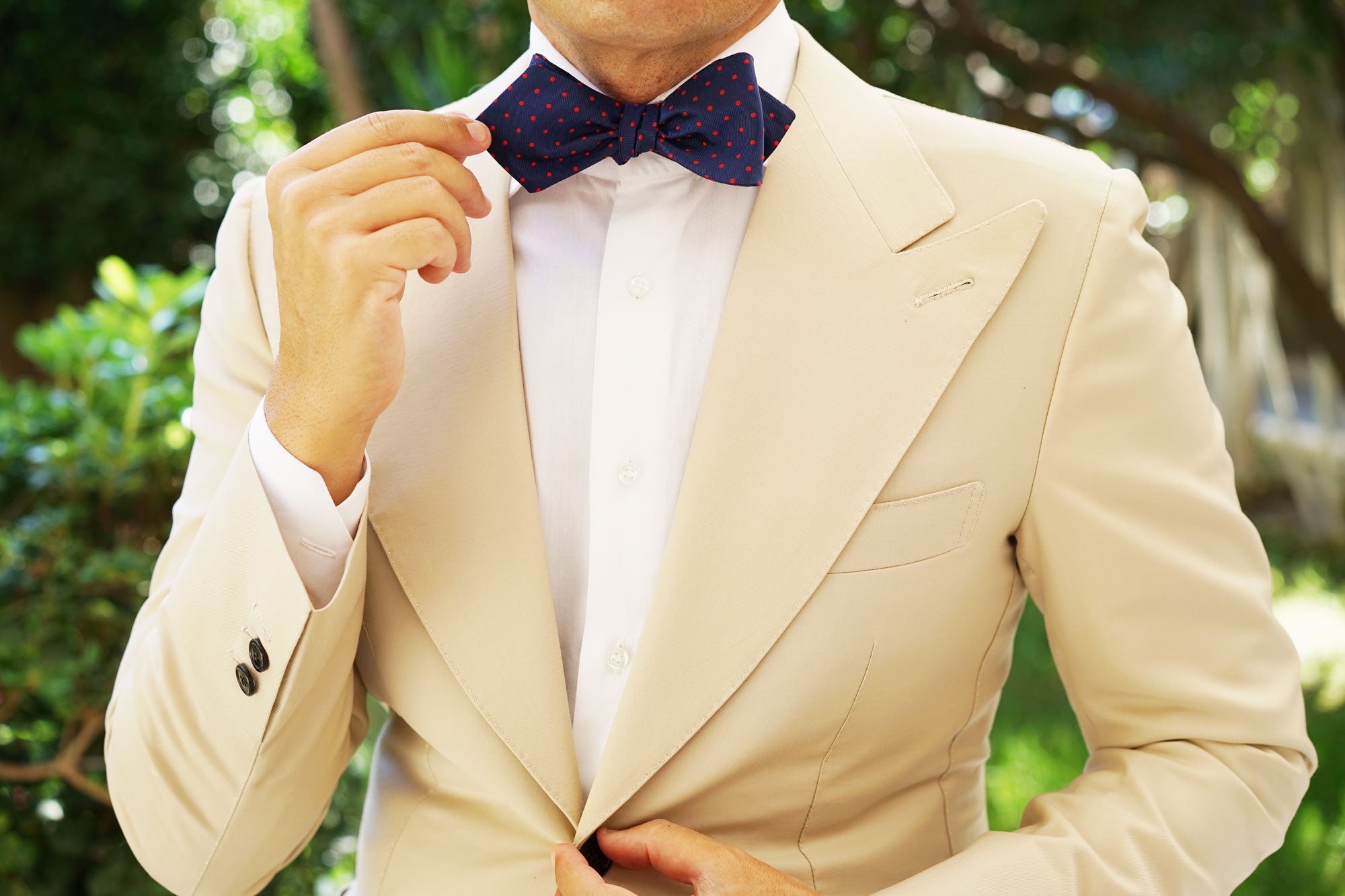 Navy on Red Mini Pin Dots Diamond Self Bow Tie