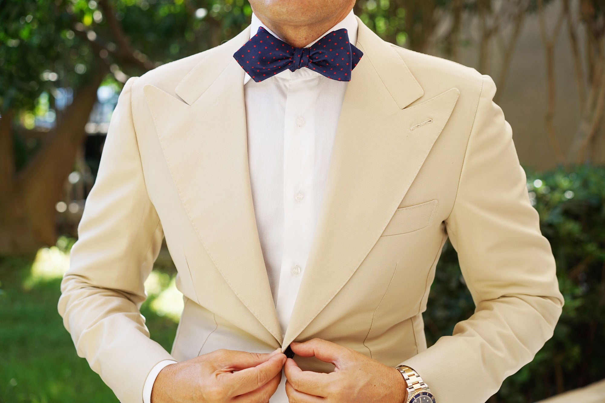 Navy on Red Mini Pin Dots Diamond Self Bow Tie