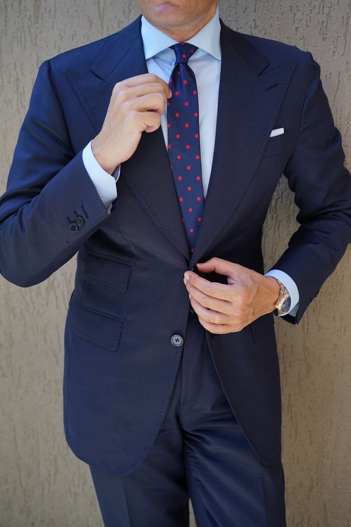 Navy Blue Skinny Tie with Red Polka Dots