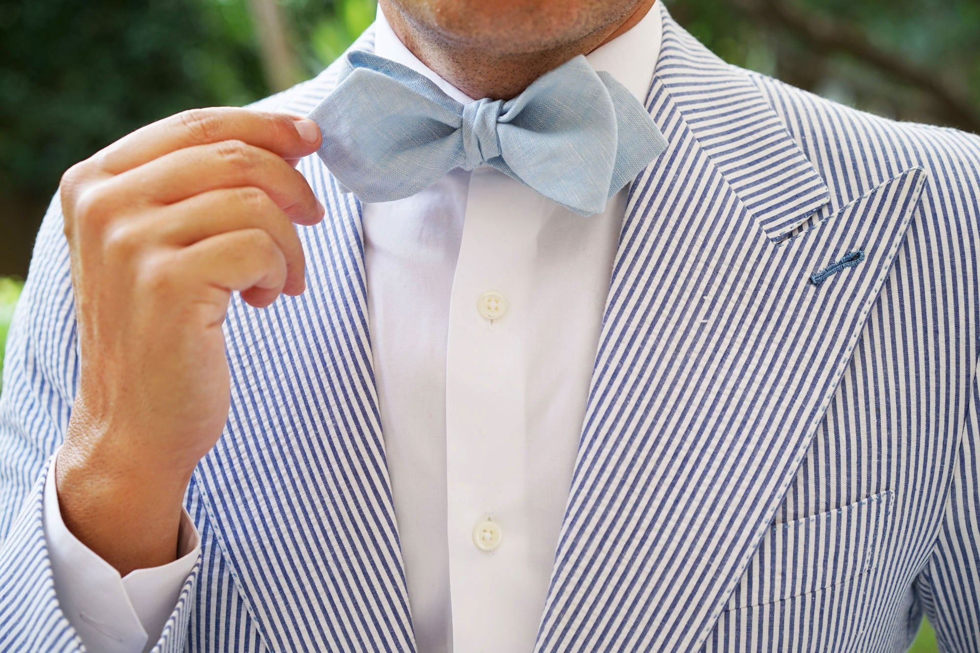 Light Blue Linen Chambray Self Tie Diamond Bow Tie