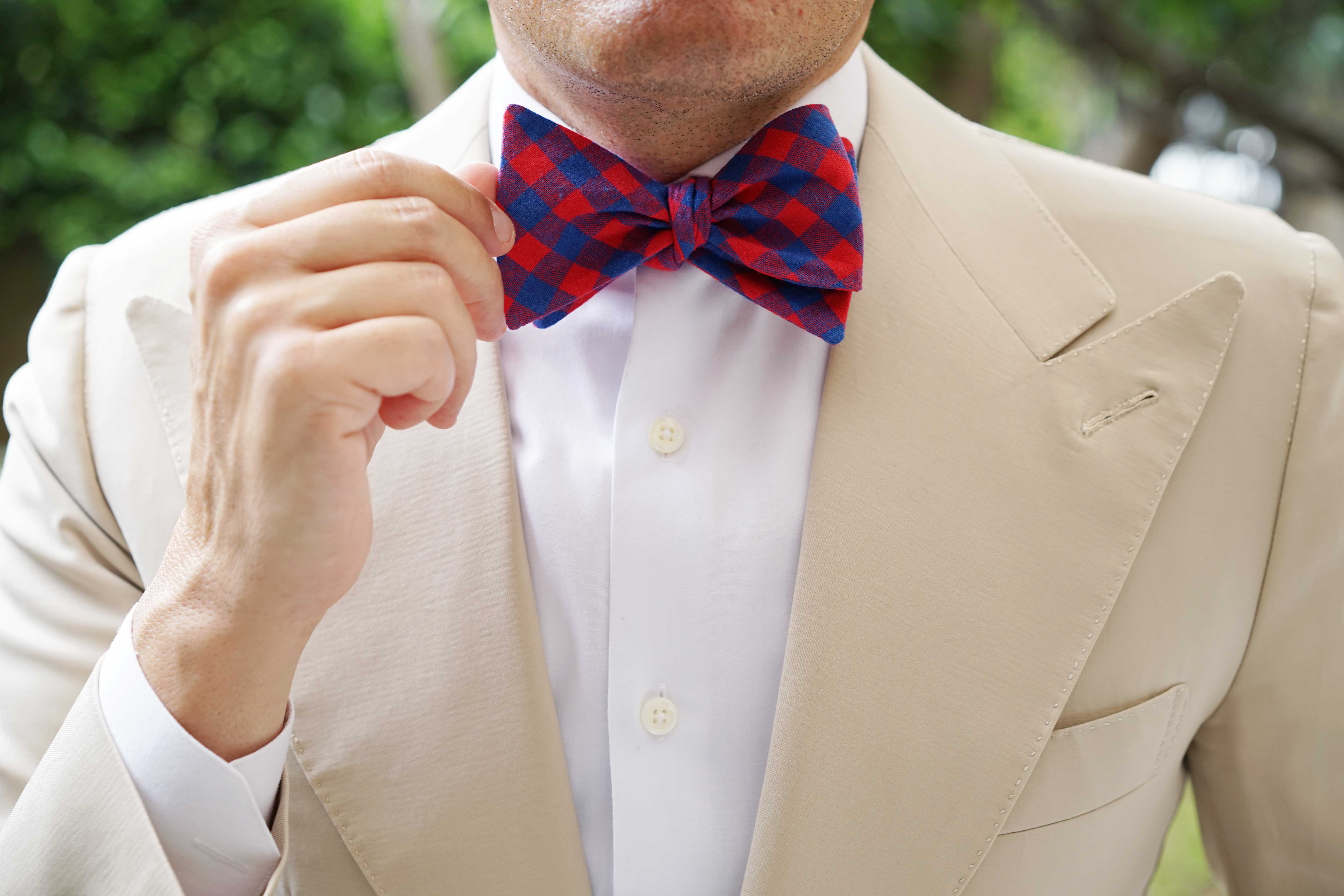 Blue & Red Gingham Self Bow Tie