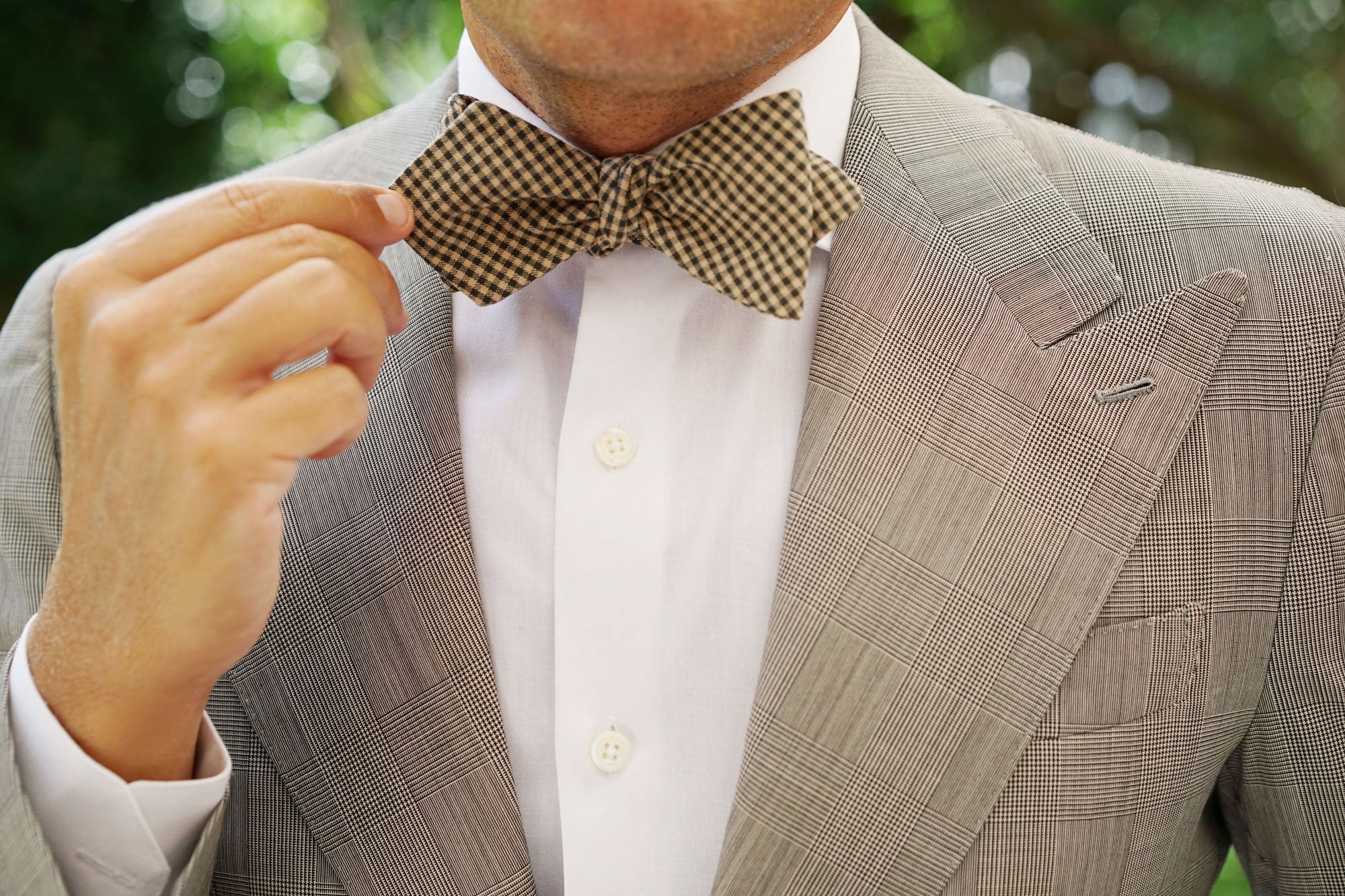 Khaki Green Gingham Blend Diamond Self Bow Tie