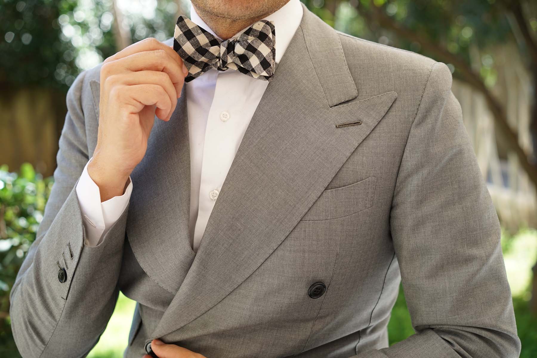 Khaki & Black Gingham Linen Self Bow Tie