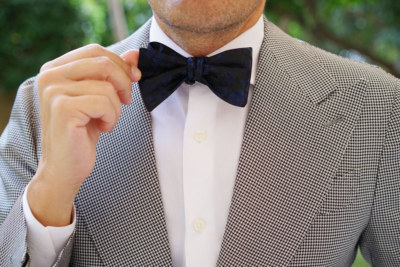 Navy Blue on Black Vine Floral Self Bow Tie