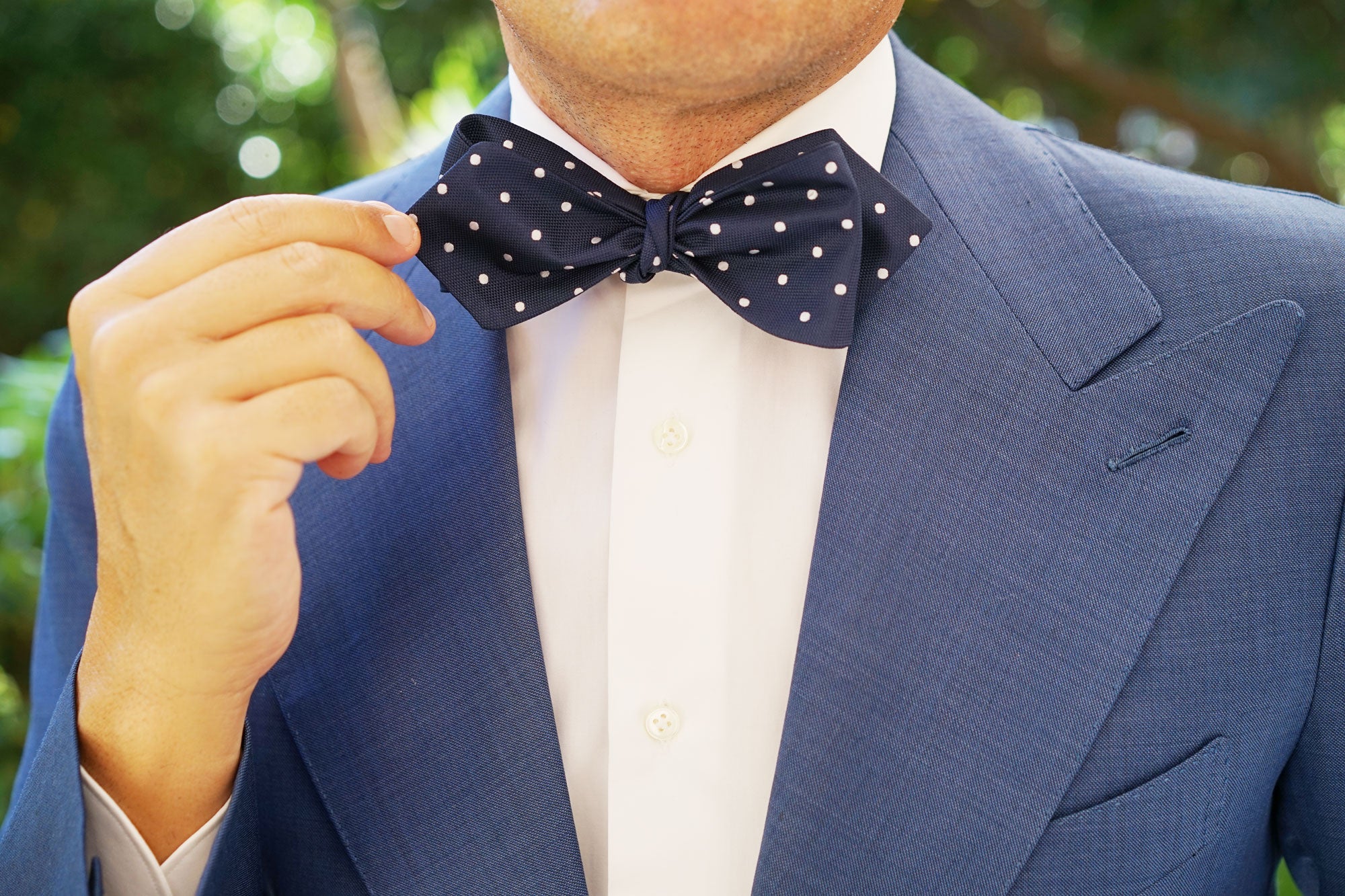 Navy Blue with White Polka Dots Self Tie Diamond Tip Bow Tie