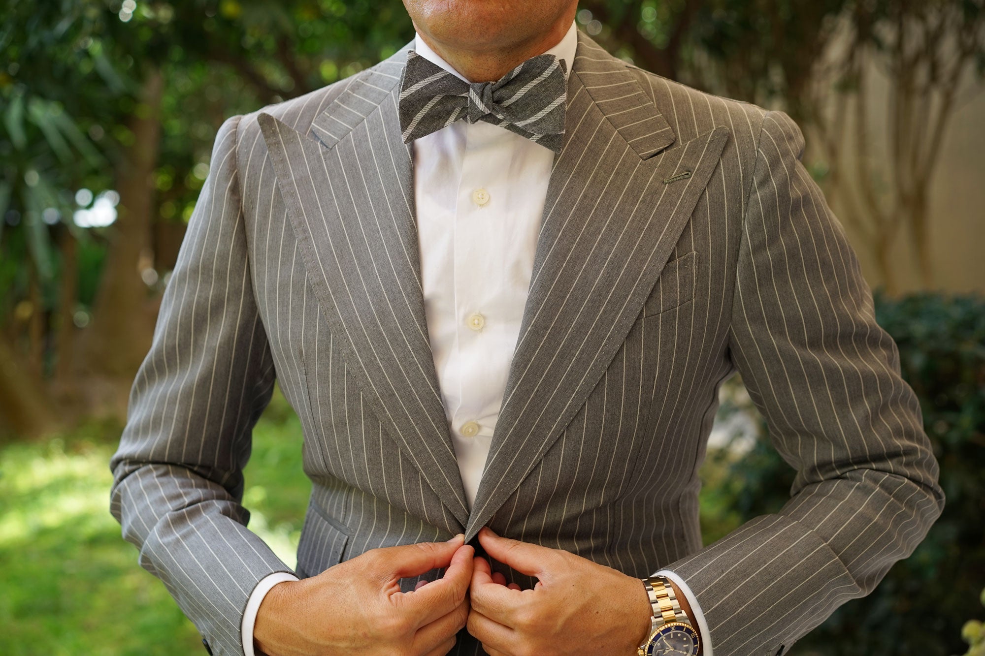 Galileo Pewter Grey Striped Linen Self Bow Tie