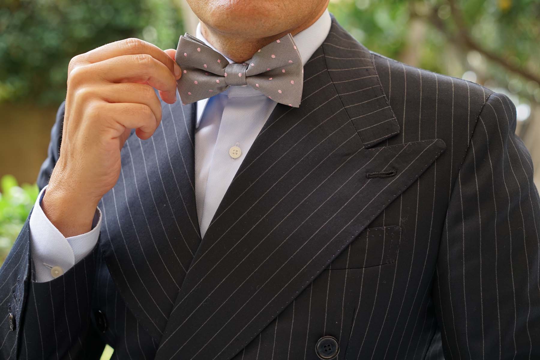 Grey with Baby Pink Polka Dots Bow Tie