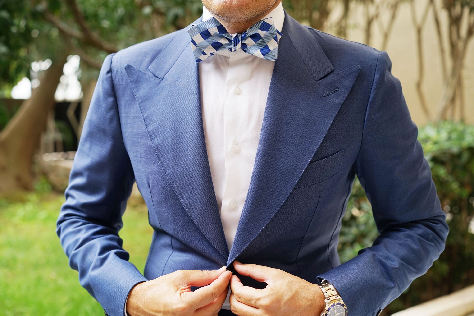 Sea and Light Blue White Checkered Self Tie Diamond Tip Bow Tie