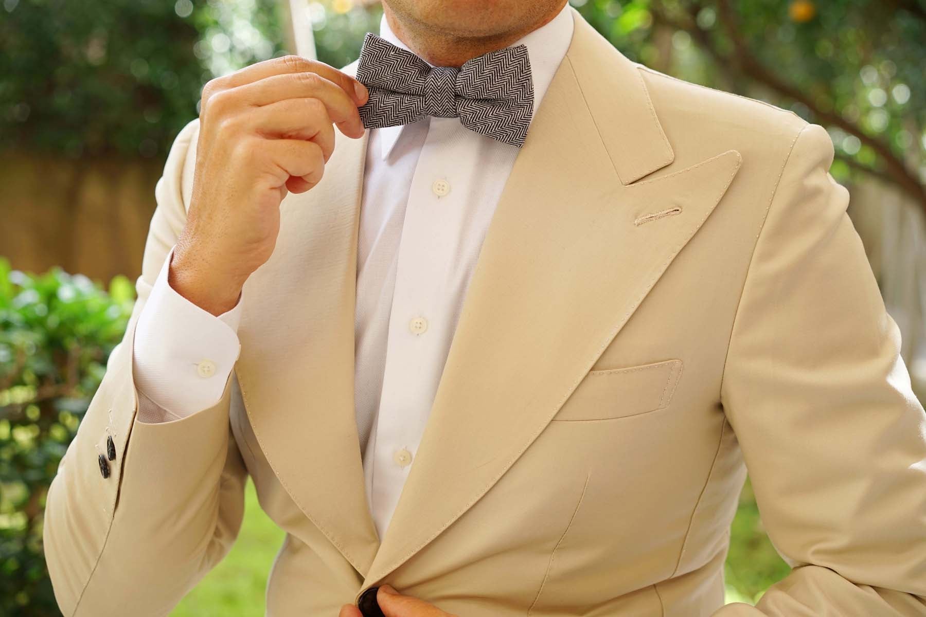 Black Herringbone Linen Bow Tie