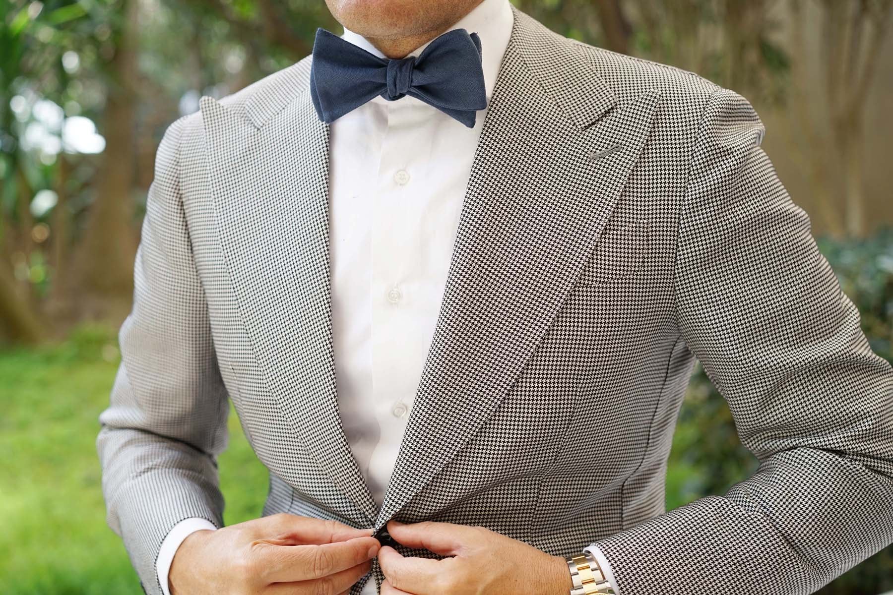 Navy Blue Slub Linen Self Tie Bow Tie