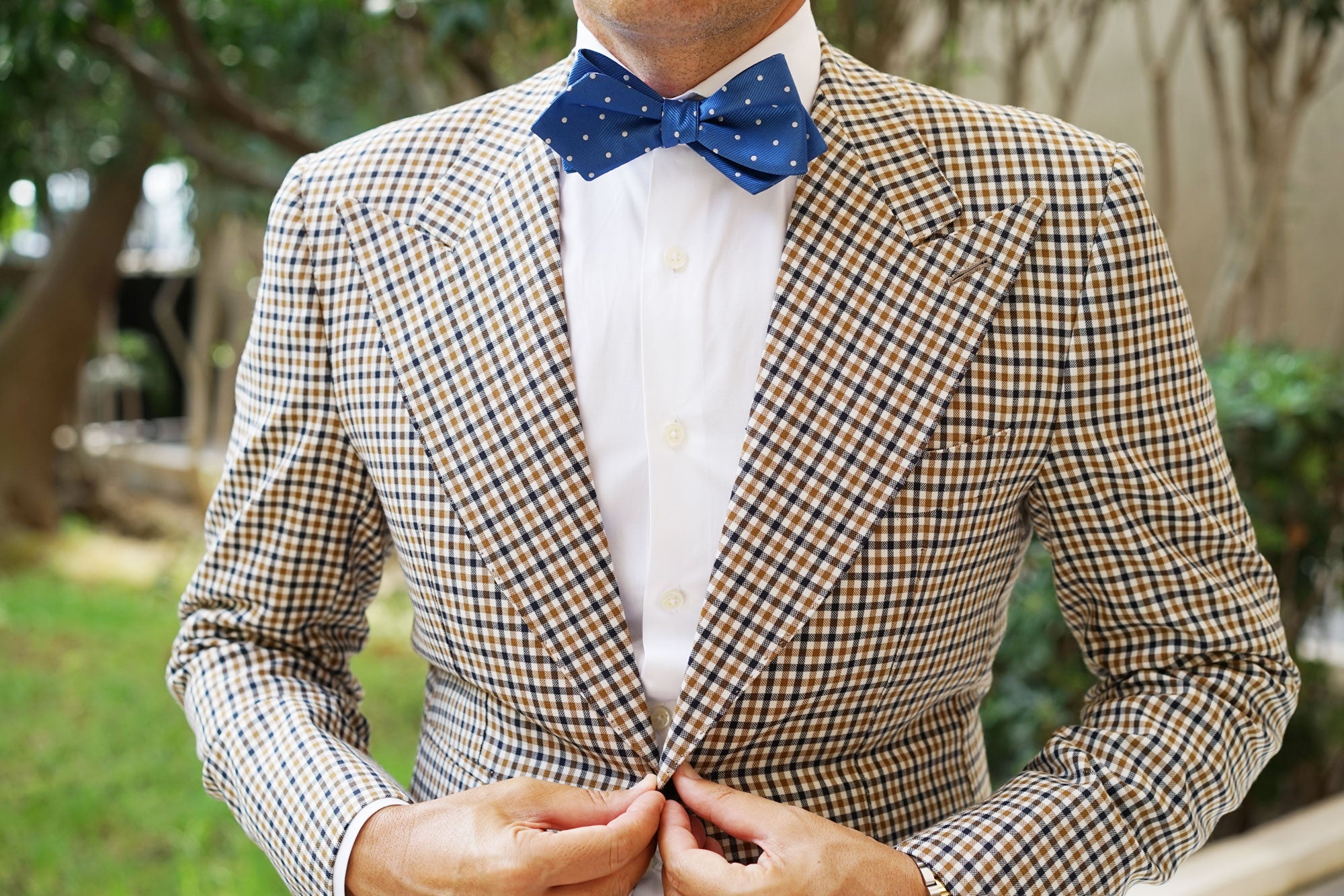 Royal Blue with White Polka Dots Self Tie Diamond Tip Bow Tie