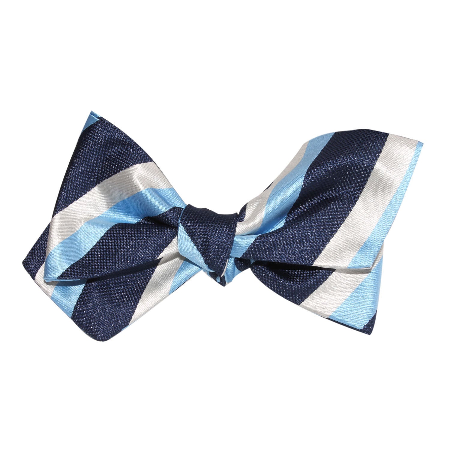 White Navy and Light Blue Striped Self Tie Diamond Tip Bow Tie